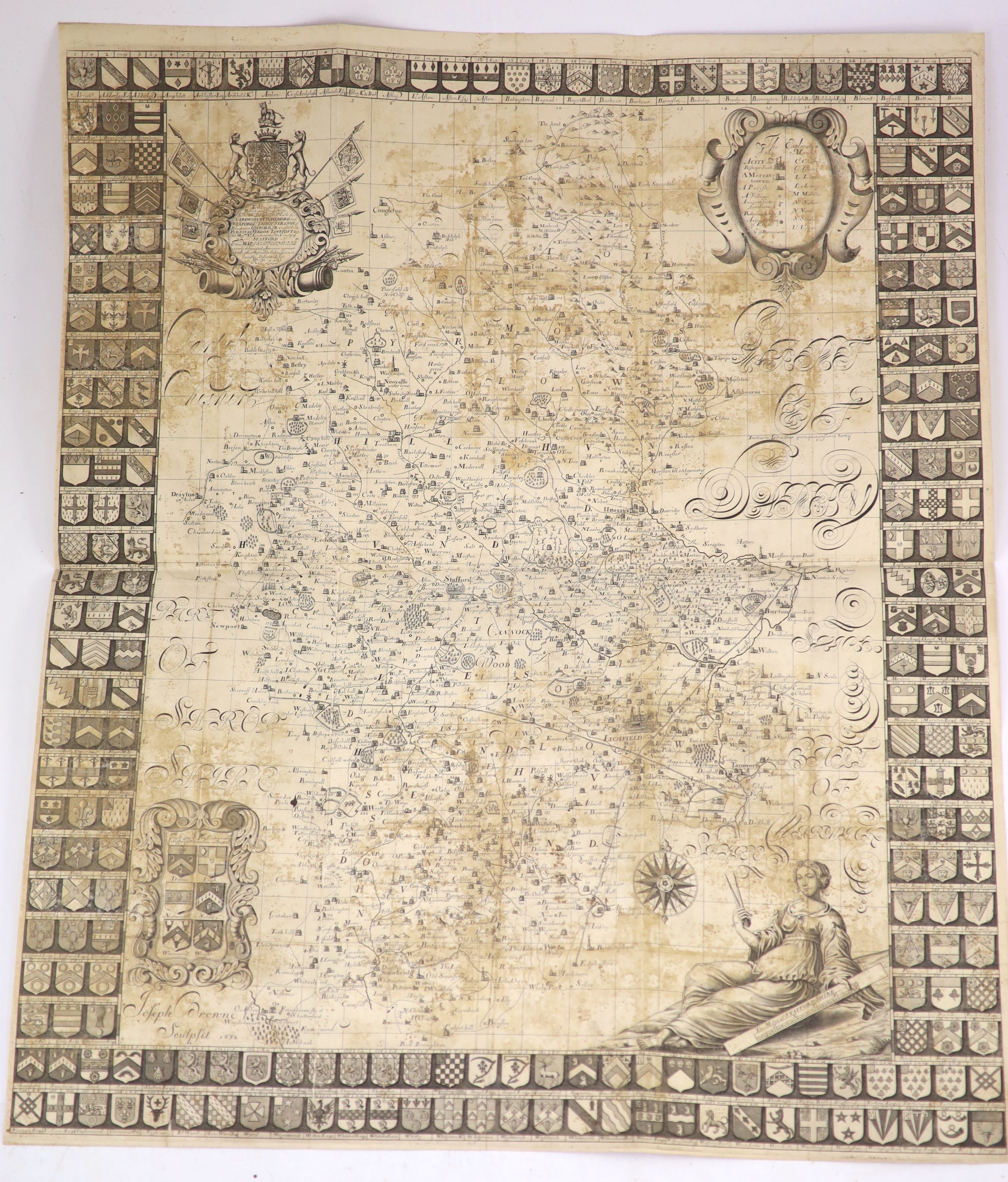 Plot, Robert - The Natural History of Staffordshire, 1st edition, folio, rebound calf by W.Pratt, with engraved title, folding map 63.5 x 54cms. (detached and badly stained) and 37 plates, 25 double paged, Oxford, 1686